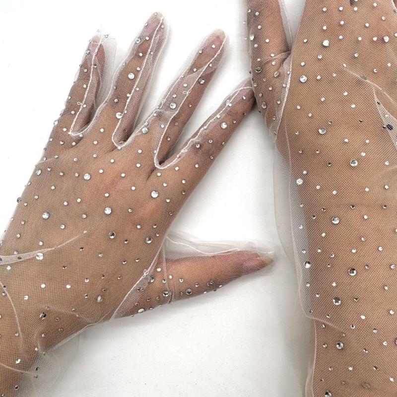 Elegant White Lace Gloves With Rhinestones Embellishments For Weddings Evening Event And Prom Occasion