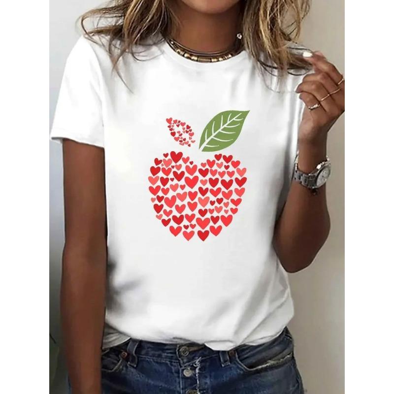 Plus Size Women Heart Apple Graphic Tee Red Heart Green Leaf Print Round Neck Short Sleeve Soft Breathable Casual Summer Top S белый