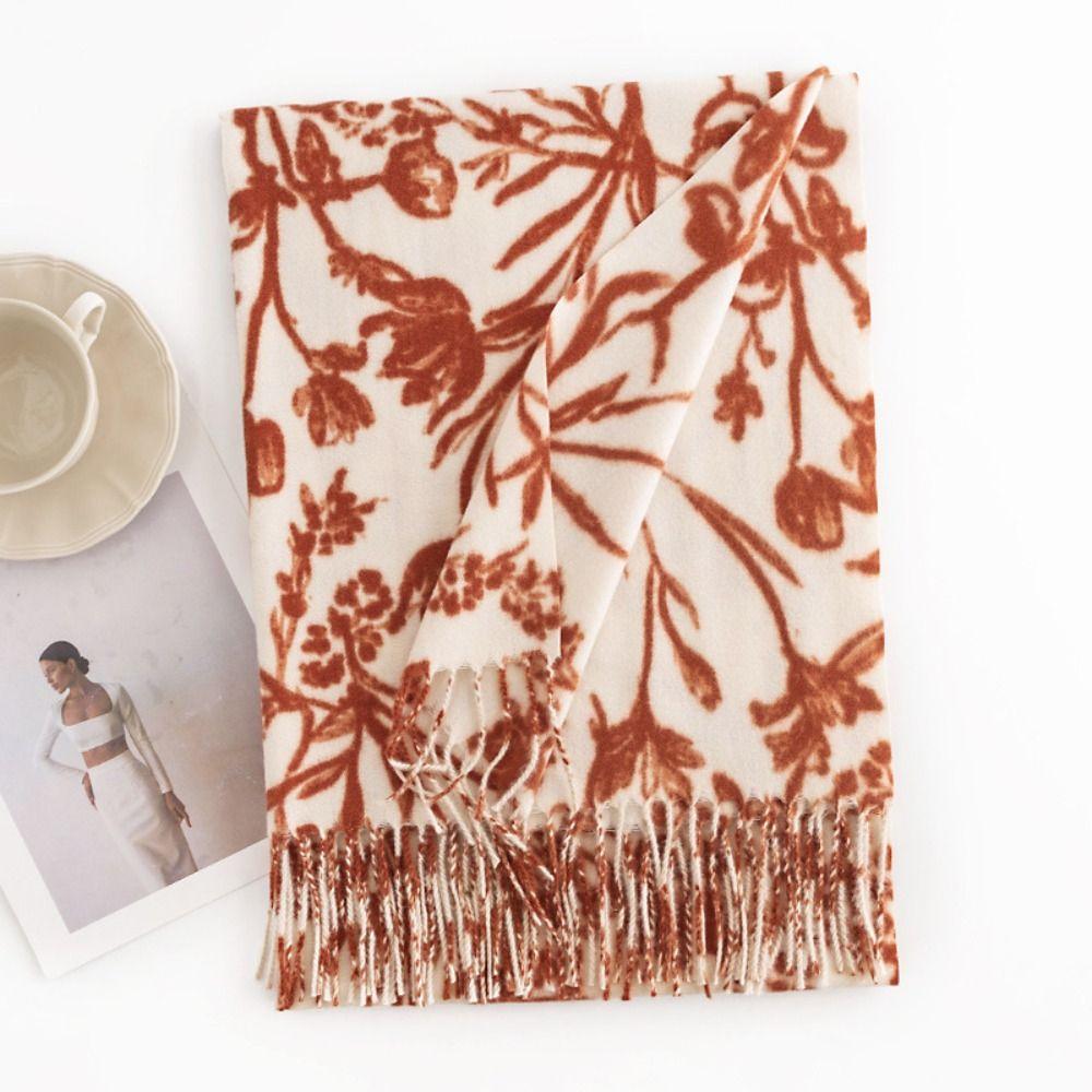 Fashion Thickened Imitation Cashmere Scarf Floral Print Tassel Neck Warmer Long Scarf Cold-proof Shoulder Wrap Couple