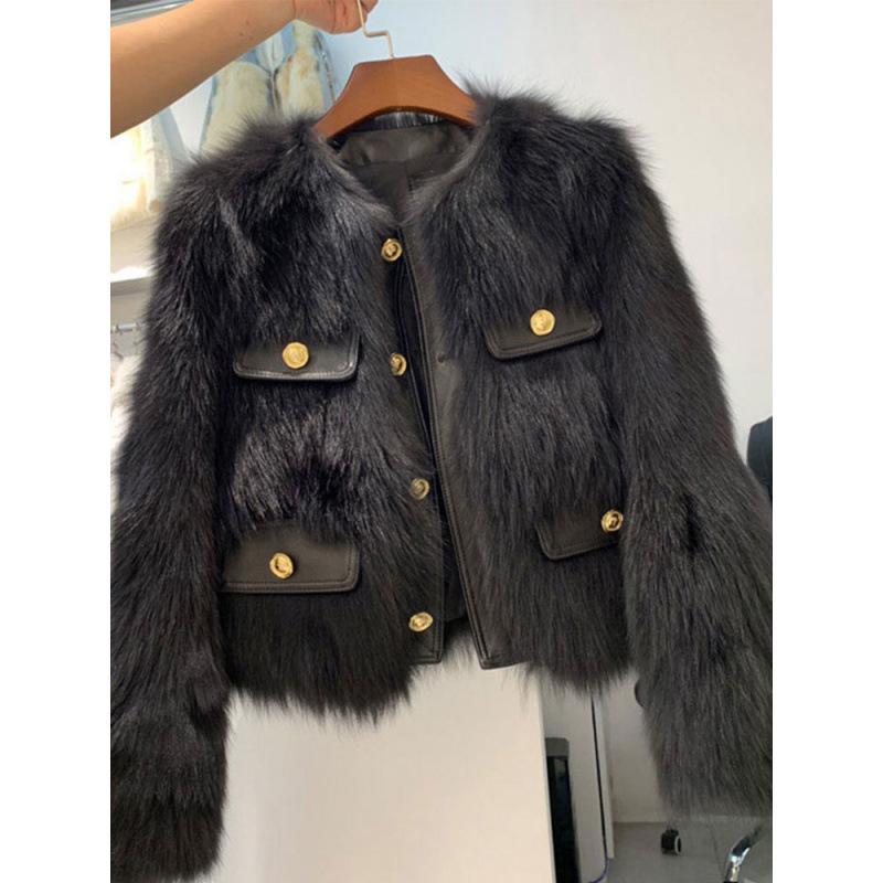 Women's Eco-friendly Round Neck Fox Fur Coat - Slim, Plush, Short, Thickened Korean Style (2025 Autumn/Spring)