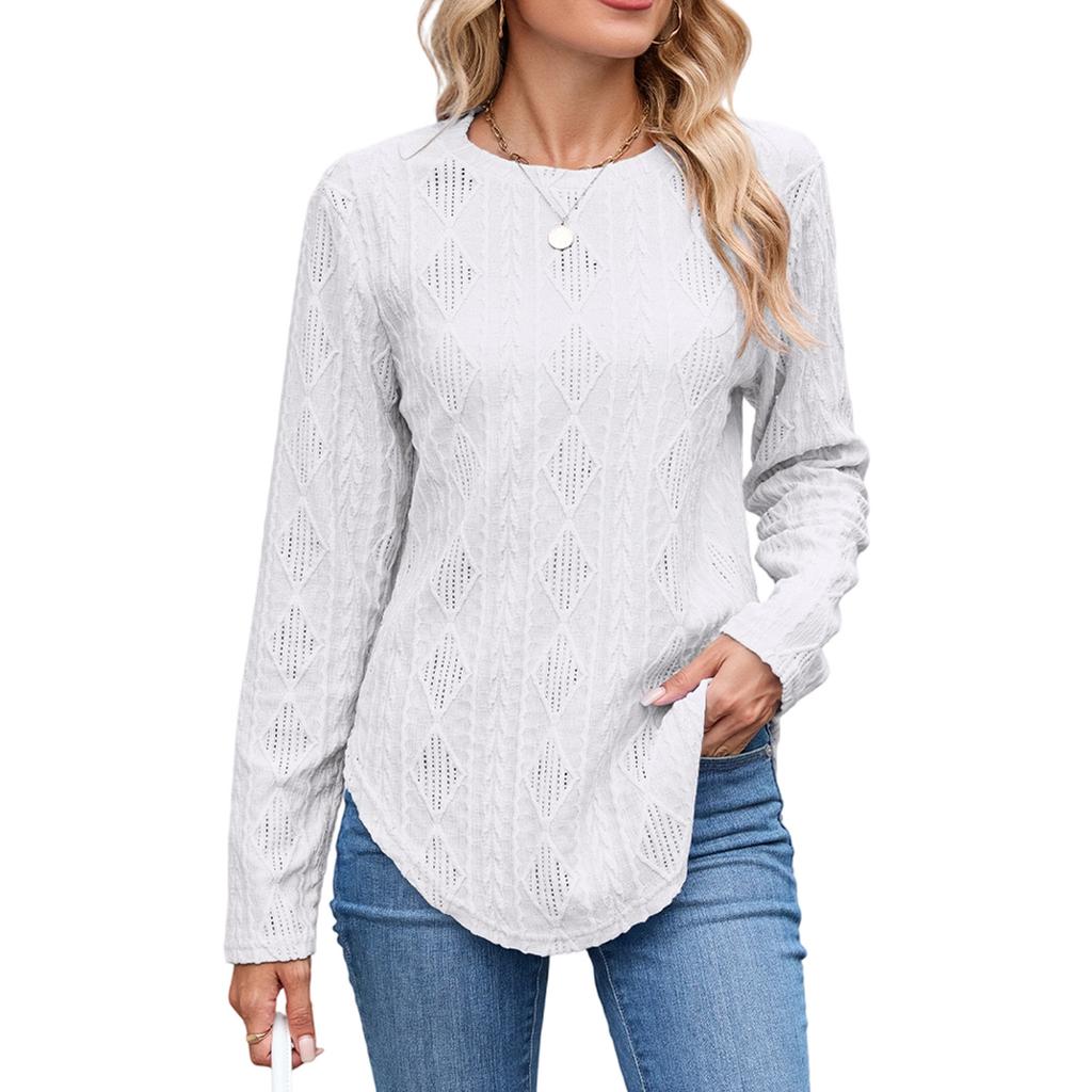 A New Autumn and Winter Casual Round-neck Long-sleeved T-shirt with A Curved Hem and A Button-cut Top for Women