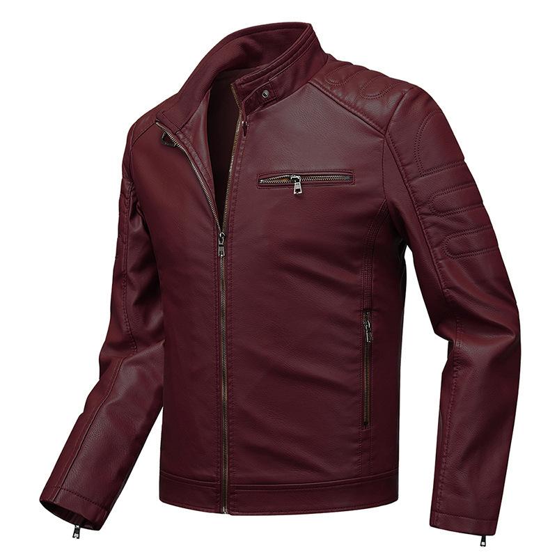 Leather Men's Slim Jacket Trendy Thin Jacket Men's Motorcycle Clothing Large Size Stand-Up Collar Leather Jacket