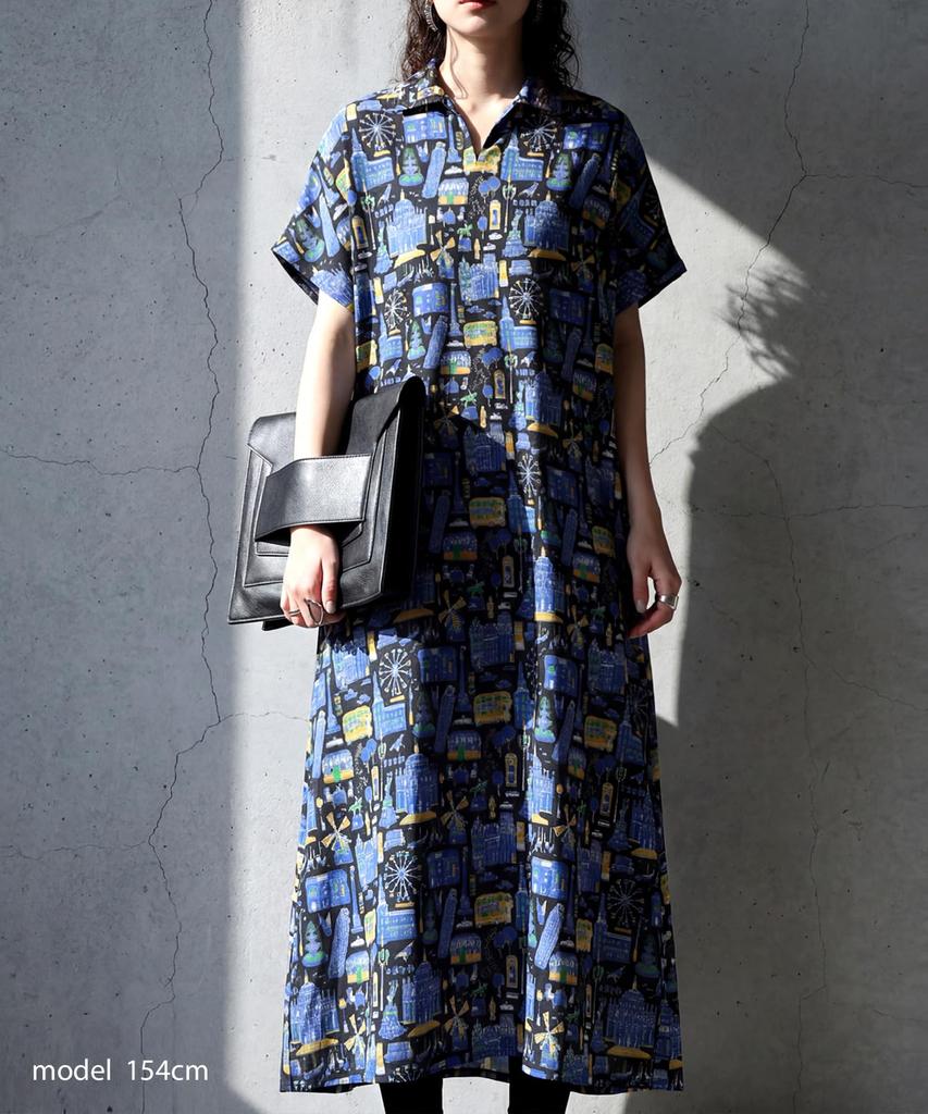 Antiqua Pullover Dress with Street Skipper Relaxed 05 Black One Size [antiqua] Women's Short-Sleeved Long-Length Pattern, Collar, All-Over Print,