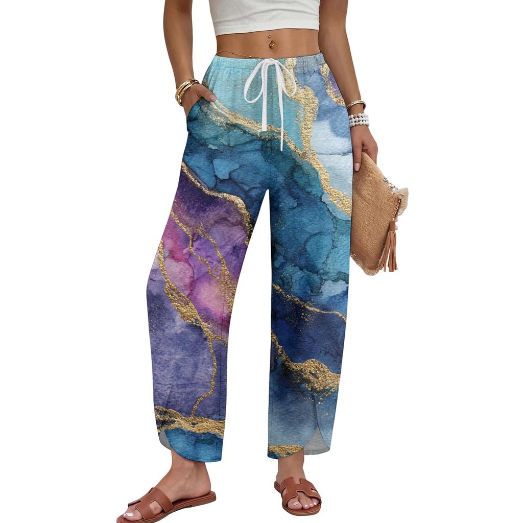 Women Casual Wide Leg Pants Marble Print Loose Fit Drawstring Waist Straight Leg Trousers Comfortable Lightweight Fabric