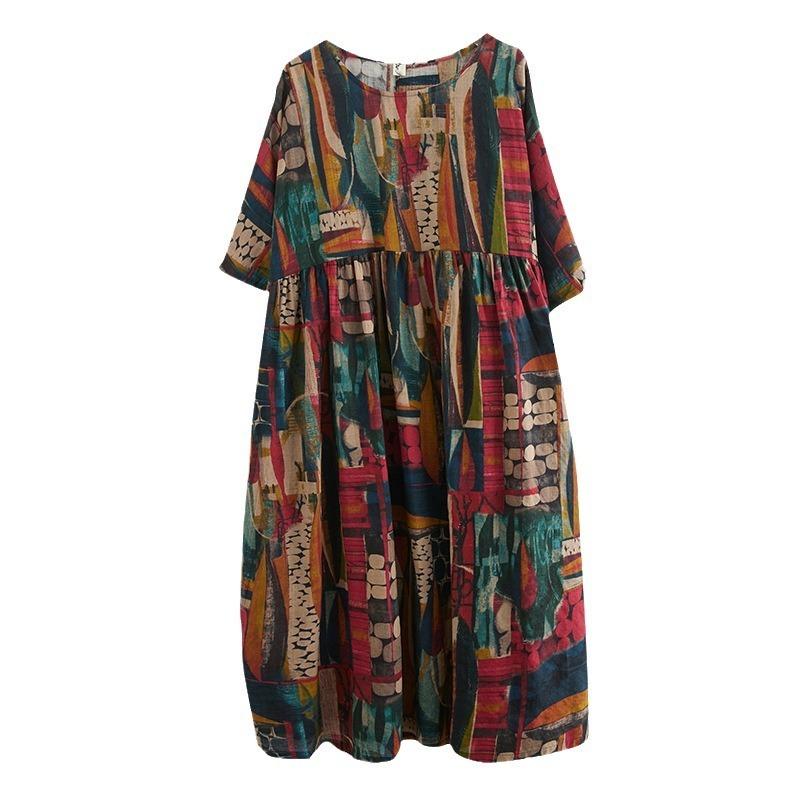 Real Shot Summer New Literary Large Size Loose Printing Round Neck Short Sleeve Dress Women's Long Dress