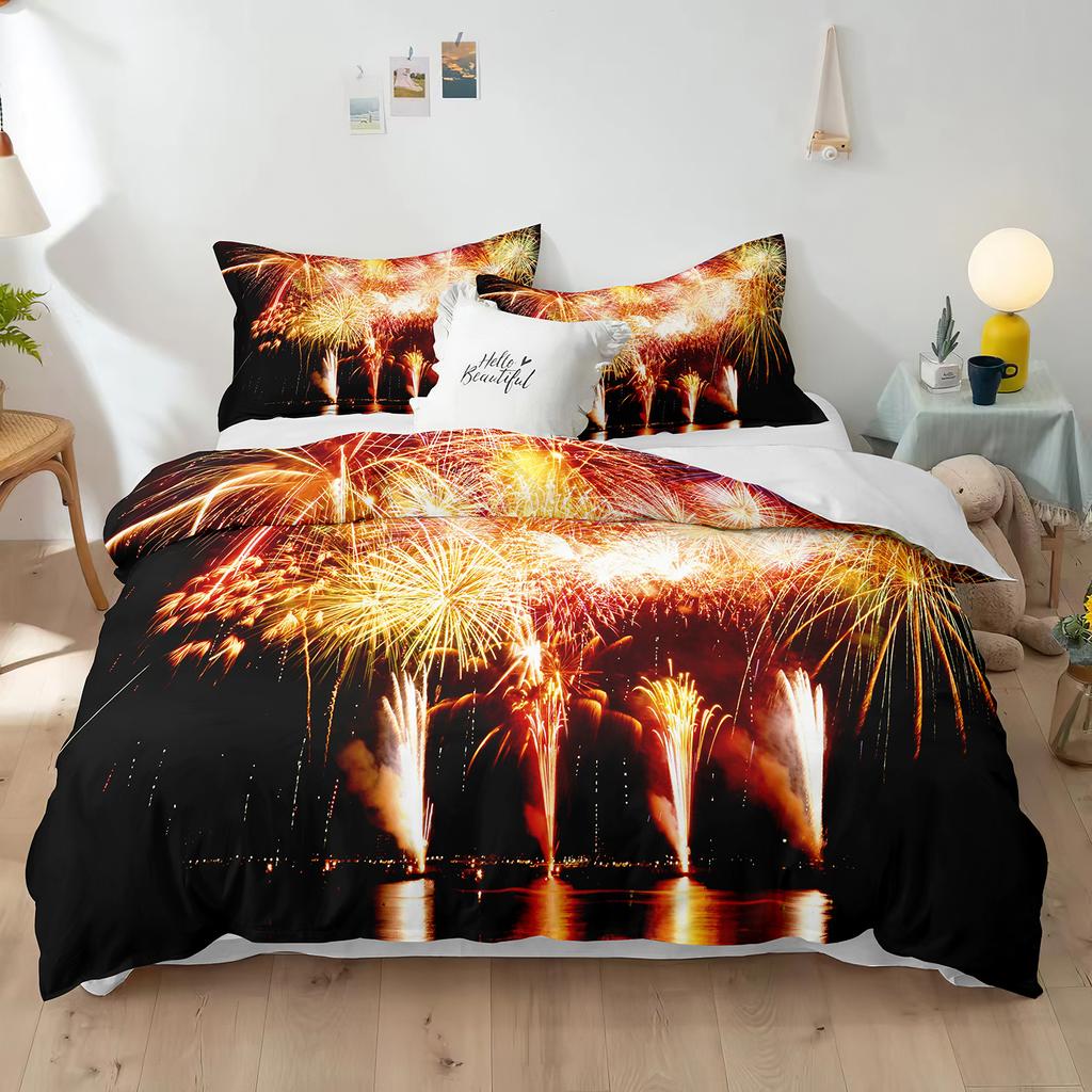 Blue Fireworks Duvet Cover Set 3D Romantic Theme Beautiful City Night New Year Festival Accessories for Kids Teens Bedroom Decor