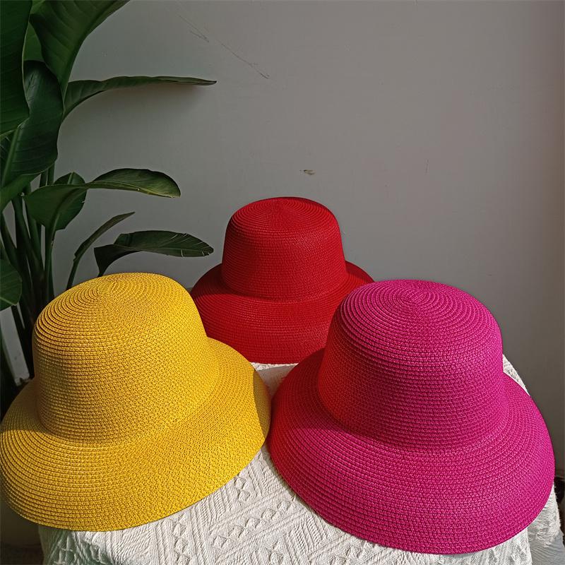 Sommer Hepburn Strohhut Retro Design Großer Rand Strohhut Für Damen Großer Rand Orange Neue Unifarbe Strandurlaub Großer Sonnenschutz