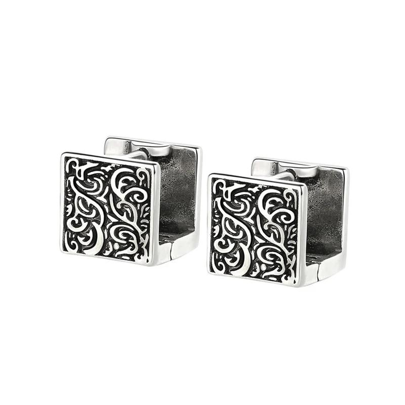 Vintage Ethnic Thai copper Square Hoop Huggie Earrings for Women Men Chic Pattern Square Earring Hip Hop Rock Rap Cool Jewelry