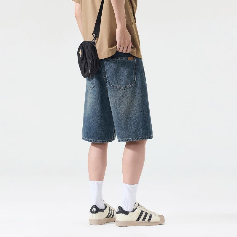 Ropa de hombre Shanggu, shorts de mezclilla de pierna recta de verano, pantalones de cinco puntos holgados lavados retro, jeans holgados