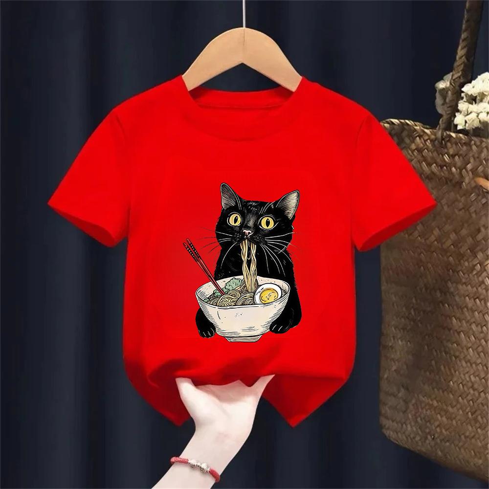 Noodle Ramen Cat TShirt Foodie Lover T Shirts Black Cat Noodle Kids TShirts Retro Casual Short Sleeve Tshirt Girl Boy Clothes