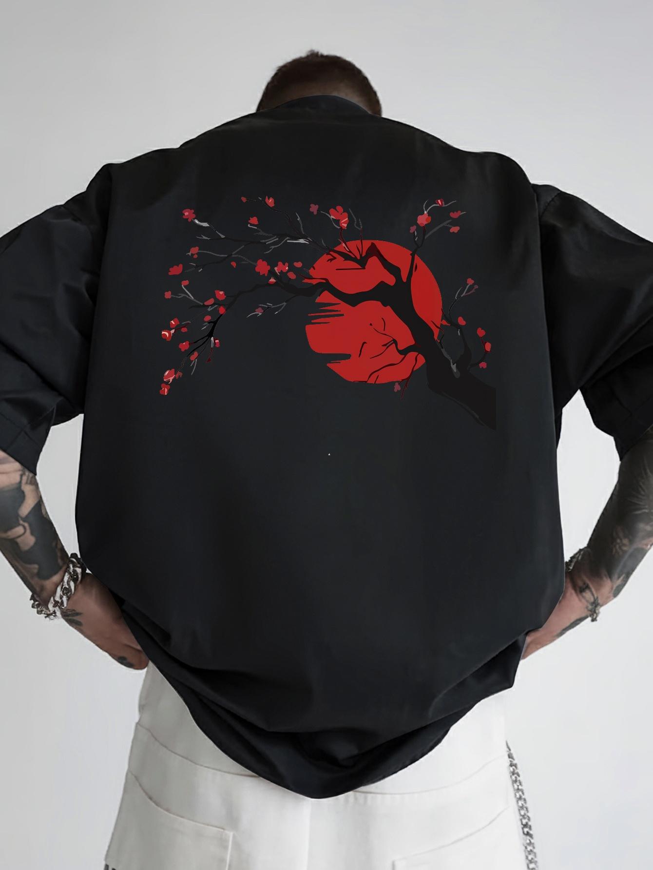 Japanese Back Print T-shirt - Black with Red Floral design XXL
