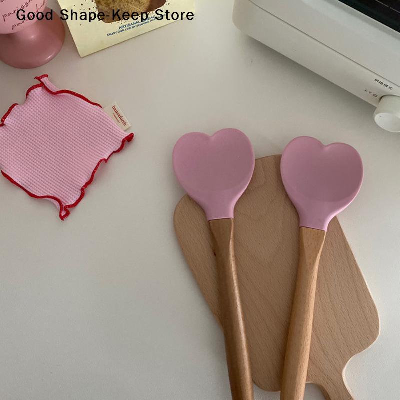 Utensils Making Cake Baking Tool Valentine's Day Pink Love Silicone Spatula Heart-Shaped Wooden Handle Baking Spatulas Kitchen