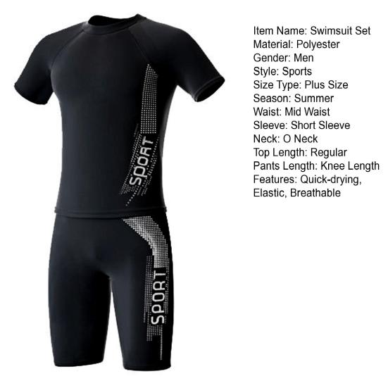 Men Swimming Shorts Water Sport Top O Neck Short Sleeve Slim Fit Elastic Breathable Quick-drying Striped Knee Length Pants Surfing Wading Sports