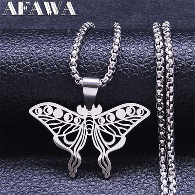 Witchcraft Stainless Steel Butterfly Moon Phase Necklaces Chain Women/Men Silver Color Statement Necklace Jewelry Collares N8023