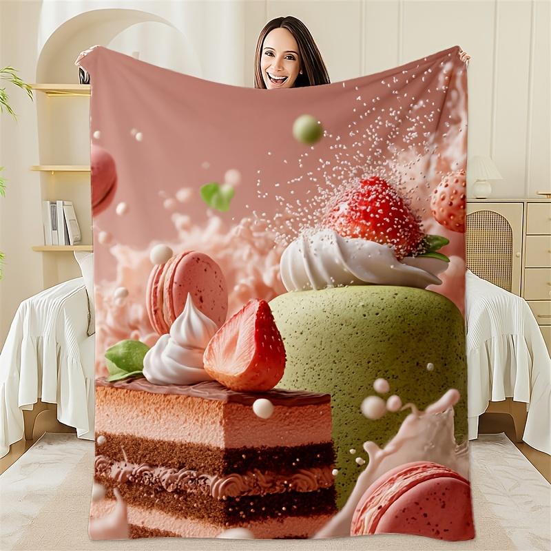 

Strawberry macaron pattern Flannel printed blanket suitable for all seasons suitable for living room office sofa and travel 75x100cm