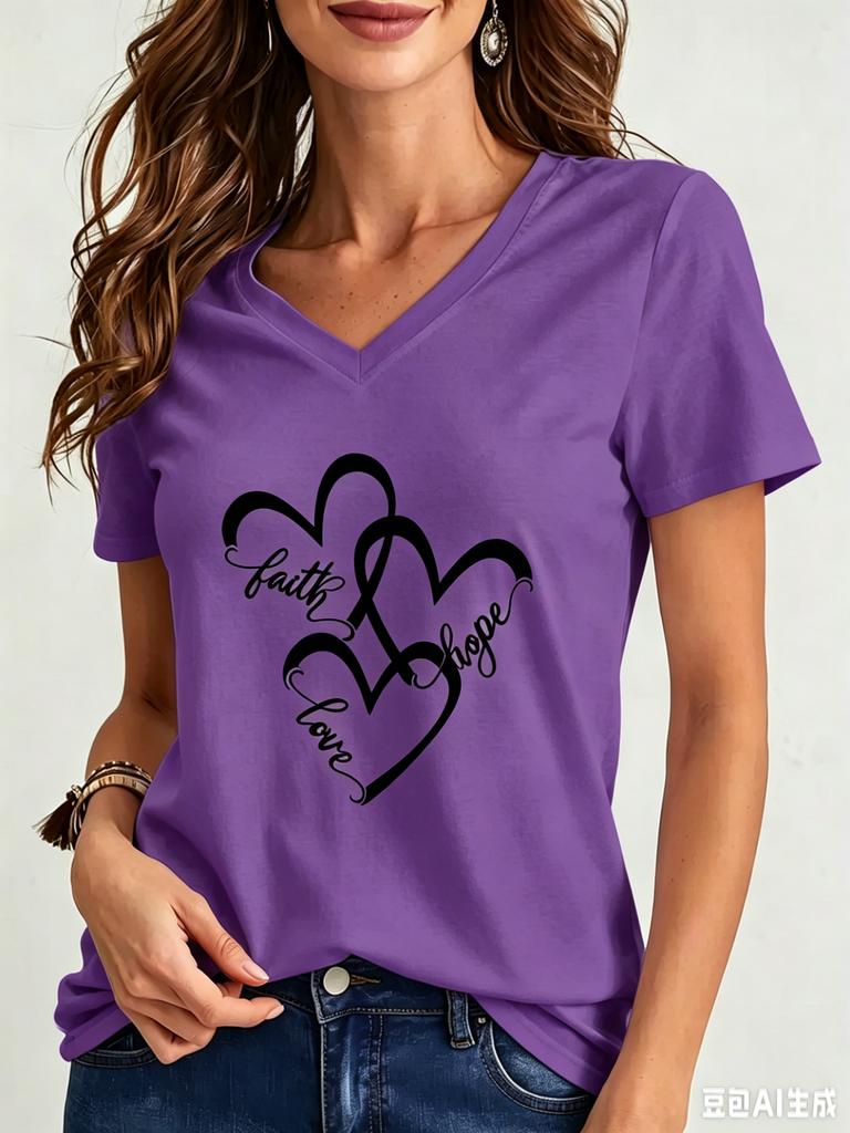 Funny Love 3D Print Women's T-Shirts Fashion V-neck Short Sleeve Tops Daily Casual Girl T shirt Summer Loose Tee Ladies Clothing