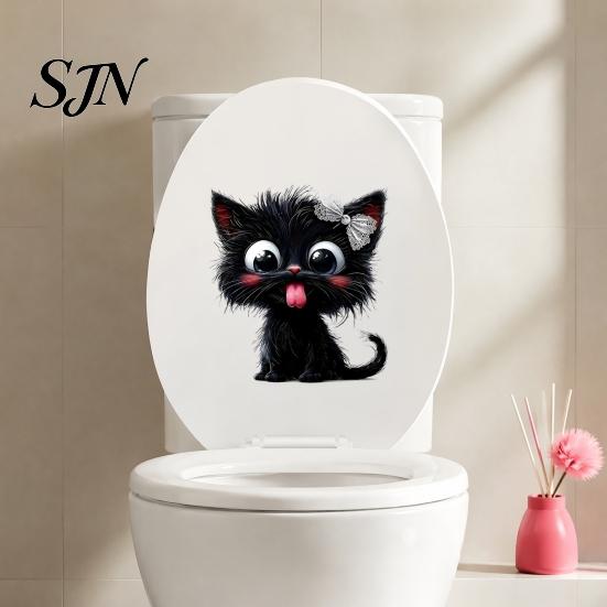 Süße Haustier-Themen Badezimmerdeko Halloween Zunge Raus Schwarze Katze Toilettendeckel Aufkleber, Cartoon Kätzchen Kreative Heimgeschenke Aufkleber, Wasserdicht