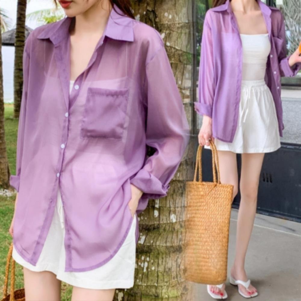 New Arrivals Open Run Women Sheer Loose Fit Purple Shirt