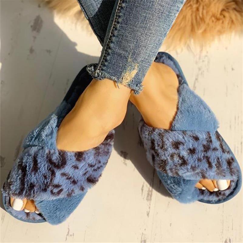 Módní dámské zimní pantofle ploché sexy leopardí domácí pantofle dámské vnitřní boty kožešinové teplé nazouvací dámské pantofle plyšové nadměrné velikosti dfv45