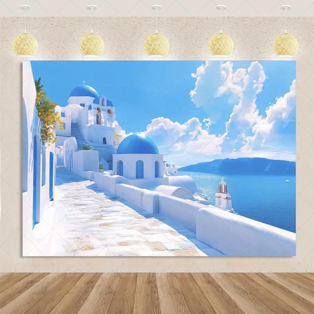 Nordische Griechische Landschaft Hausparty Dekorationen Inselstadt Santorin Blaue Kuppel Kirche Ägäis von Santorin Fotografie Hintergrund
