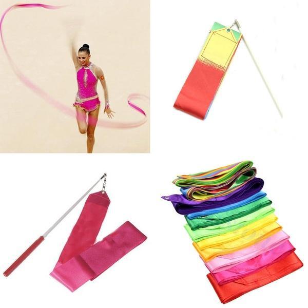 Set of 4pcs Rhythmic Gymnastics Brocade Ribbons with Wood Handles 4 Meters