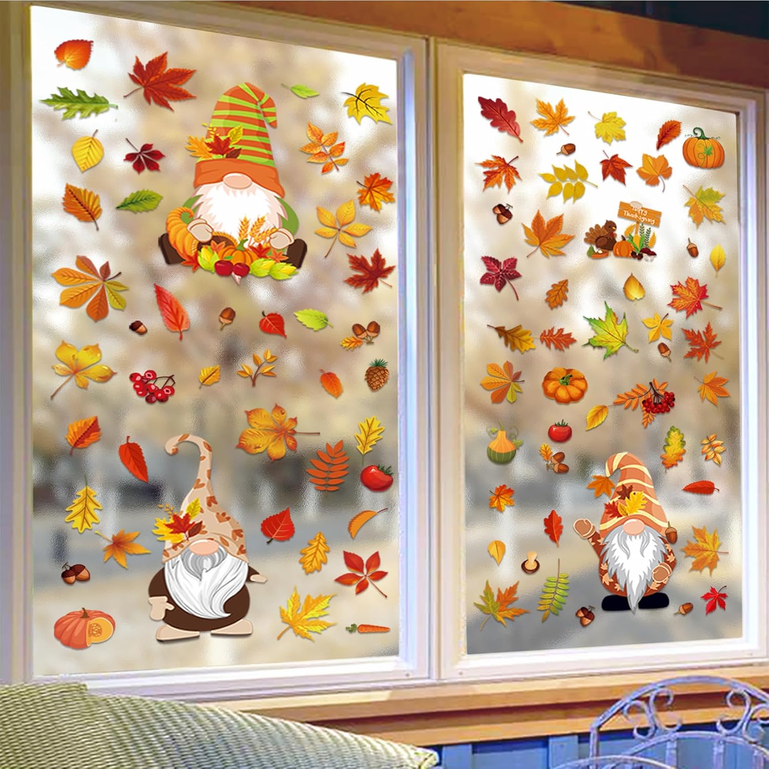 93PCS Thanksgiving Maple Leaf Window Stickers - 6 Sheets Fall Gnome Pumpkin Maple Leaf Double Sided Static Stickers Decor, Fall Harvest Season Home