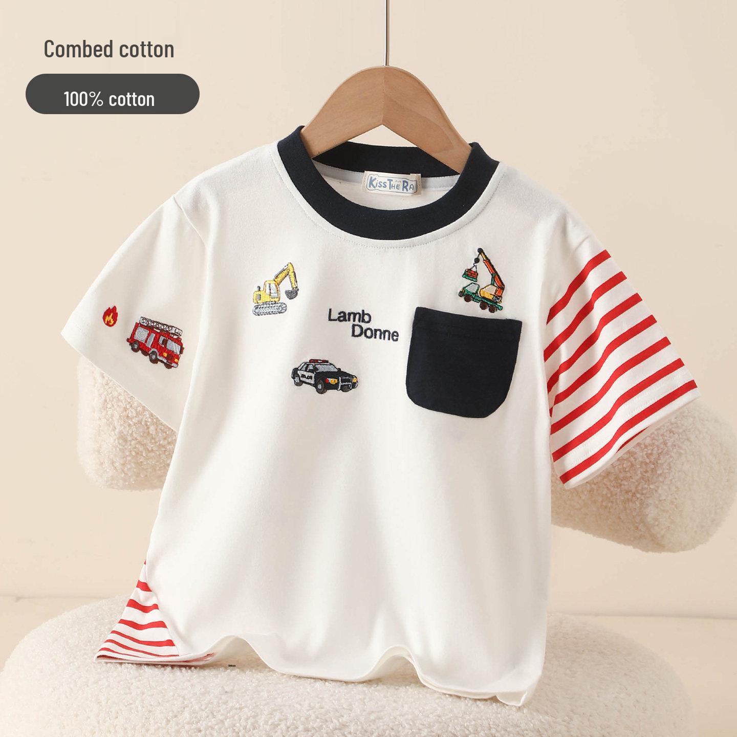 Japanese-Style Boys  Pure Cotton Short Sleeve T-Shirt - Embroidered Patchwork Summer Top for Toddlers & Young Children Size 130