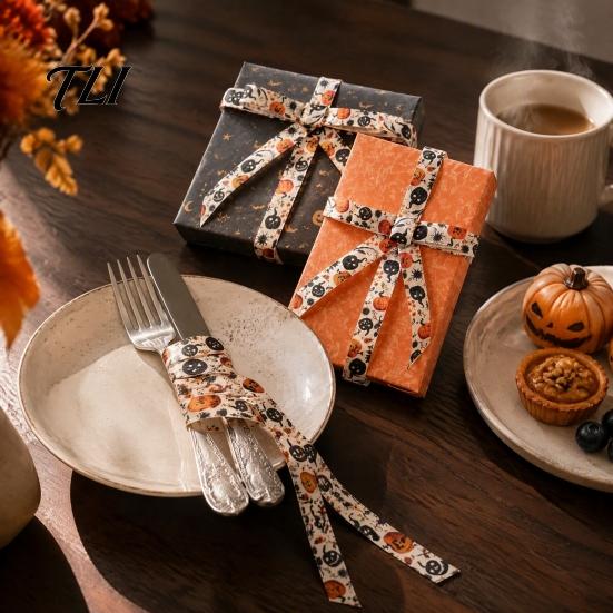 Seasonal Grosgrain Webbing for Crafts Halloween Ribbon, 5 Yards 5/8" Pumpkin Spider Web Printed Ribbon Festive Party Decoration Gift Wrapping,