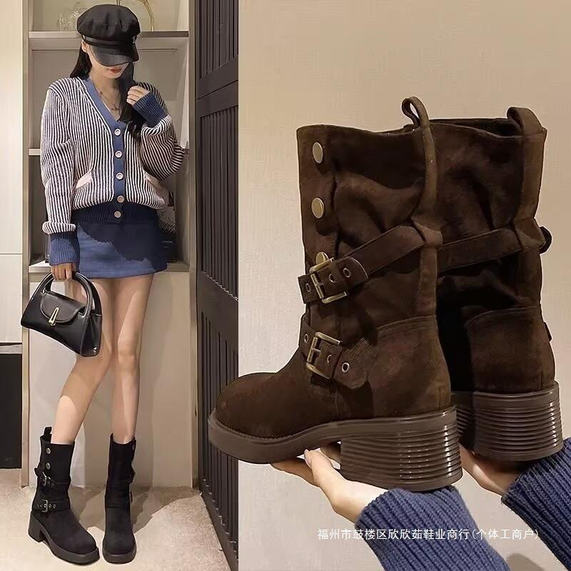 Retro Herbst Neu Western Cowboy Stiefel Ödland Stil Maillard Dicksohlig Dickabsatz Mittleres Rohr Martin Stiefel Zwei Tragevarianten Kurze Stiefel Damen