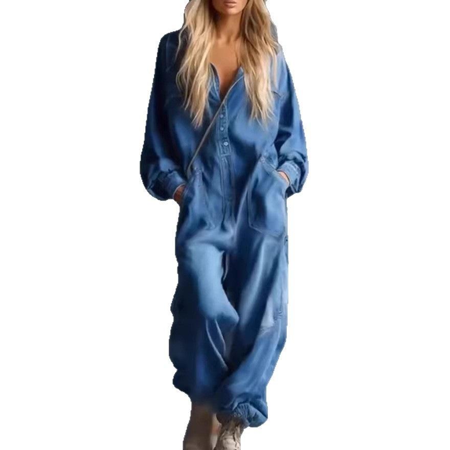Női utcai laza hosszú elegáns egysoros farmer overall hosszú ujjú egyszínű kapucnis romper