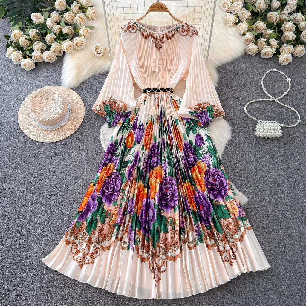 Outono Plissado Lindo Estampa Floral Vestido Longo de Férias Feminino Gola Redonda Manga Lanterna Cinto Elástico Alto Roupas Longas