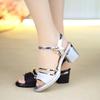 Soft Leather Women's High Heels Wear Open-toe Non-slip 2025 Summer New Fashionable Versatile Mid-heel One-button Sandals