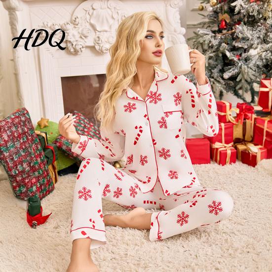 Holiday Women Pajamas Christmas Matching Set Snowflake Print Two Piece Lounge Breathable Loungewear Set Button Down Long Sleeve Top Pants Sleepwear