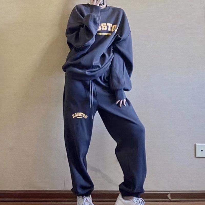 Velké velikosti Ležérní jednobarevné legíny Dvoudílná sada Dámský extra velký sportovní svetr s dlouhým rukávem Kalhoty Oblek