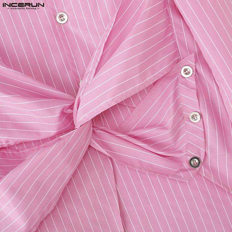 INCERUN Men Stand Neck Long Sleeve Striped Splits Irregular Hem Long Tunic Shirts Tops