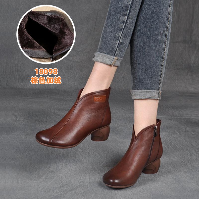Fashion Autumn Single Boots Genuine Leather Handmade Retro Women's Shoes Thick Heel Side Zip Comfort Short Boots Winter Plush Mom Shoes