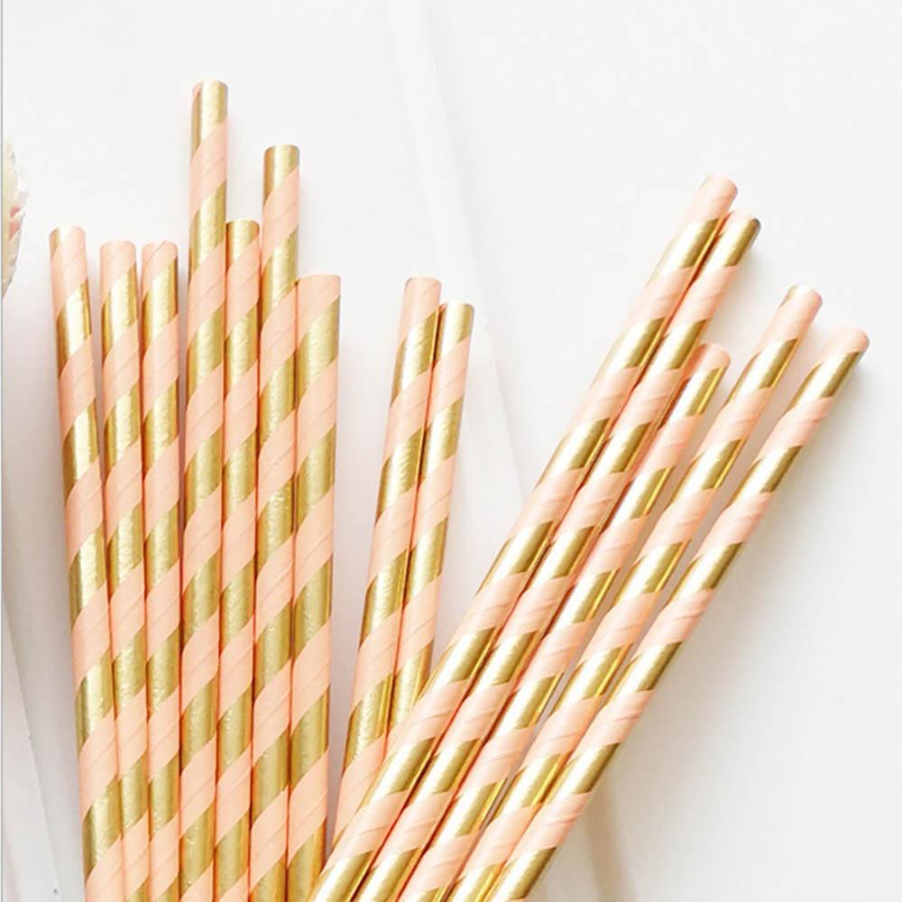 25 Teile/paket Bronzing Diagonal Streifen Strohhalme mit Einweg Gold Aluminium Folie Streifen Papier Strohhalme Geschirr Für Party Geburtstag Hochzeit Feiern