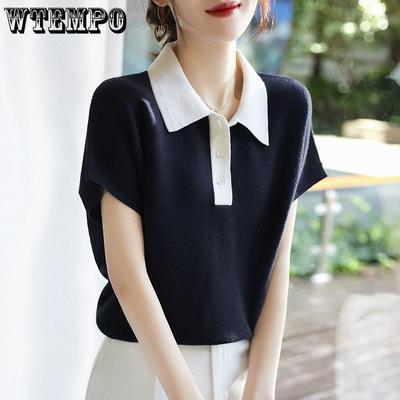 Damen Kurzarm Strick T-Shirt Frühling und Sommer Colorblock Polokragen Shirt Dünnes T-Shirt Eisseide Top