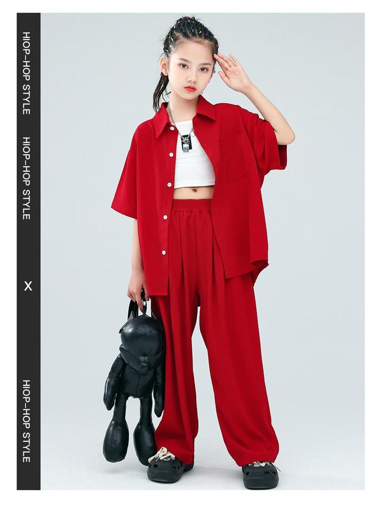 Children's Trendy Street Dance Outfit - Loose Pants and Shirt Set for Boys and Girls Jazz Performance.
