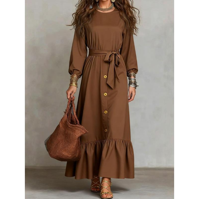 Independent Station Women's Elastic Waist Dress Splicing Solid Color Ruffle Edge hem Dress