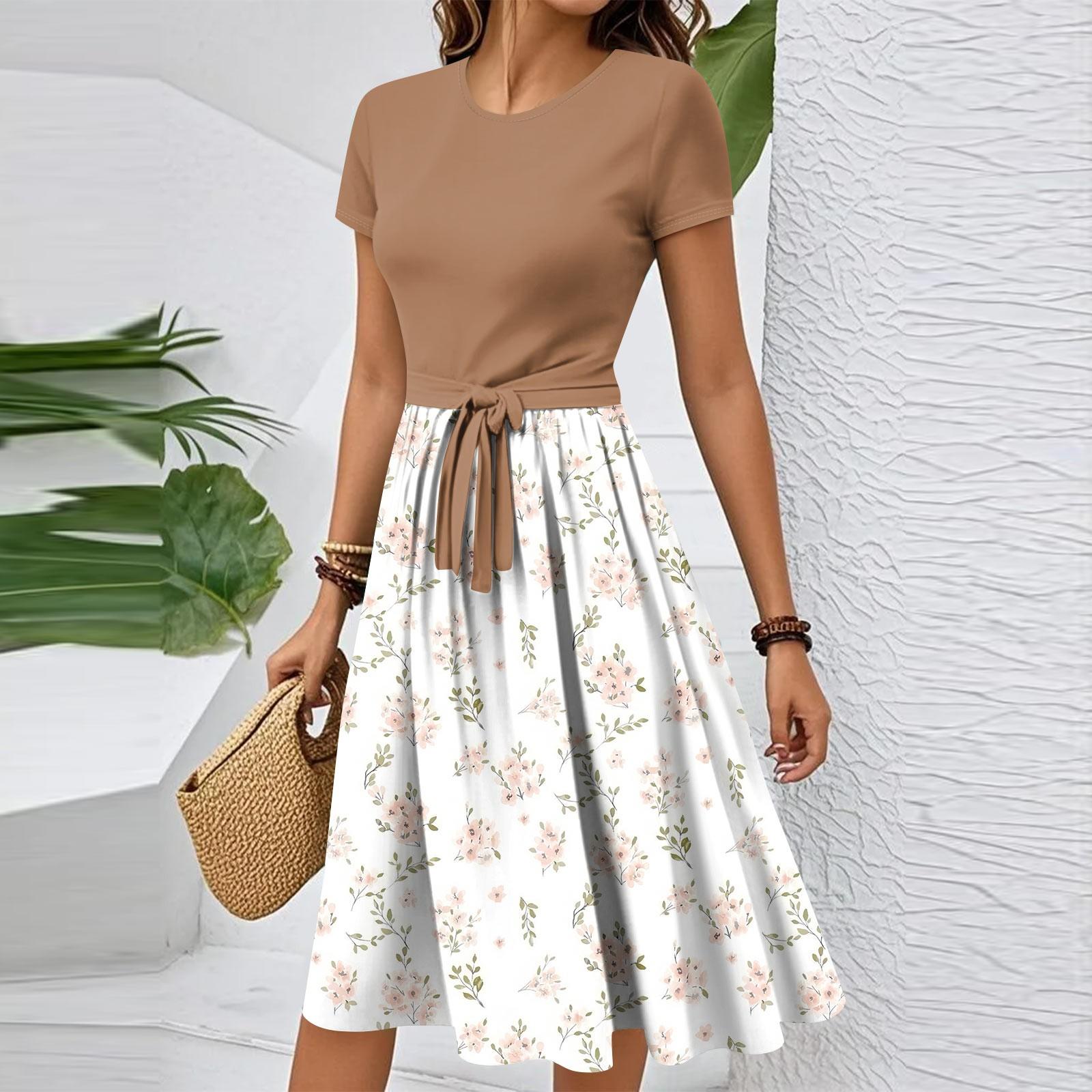 

Женское повседневное модное элегантное платье с поясом и винтажным принтом с коротким рукавом и круглым вырезом XL белый