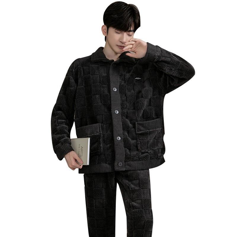Pajamas Men's Autumn and Winter Plus Velvet Thickened Long-sleeved Warm Coral Fleece Flannel Home Service Suit