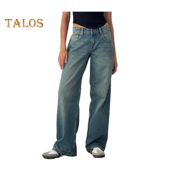 Damenhose mit Taschen, niedrige Taille, gerades, weites Bein, Knopf-/Reißverschluss, lange Hose für den Alltag und Reisen