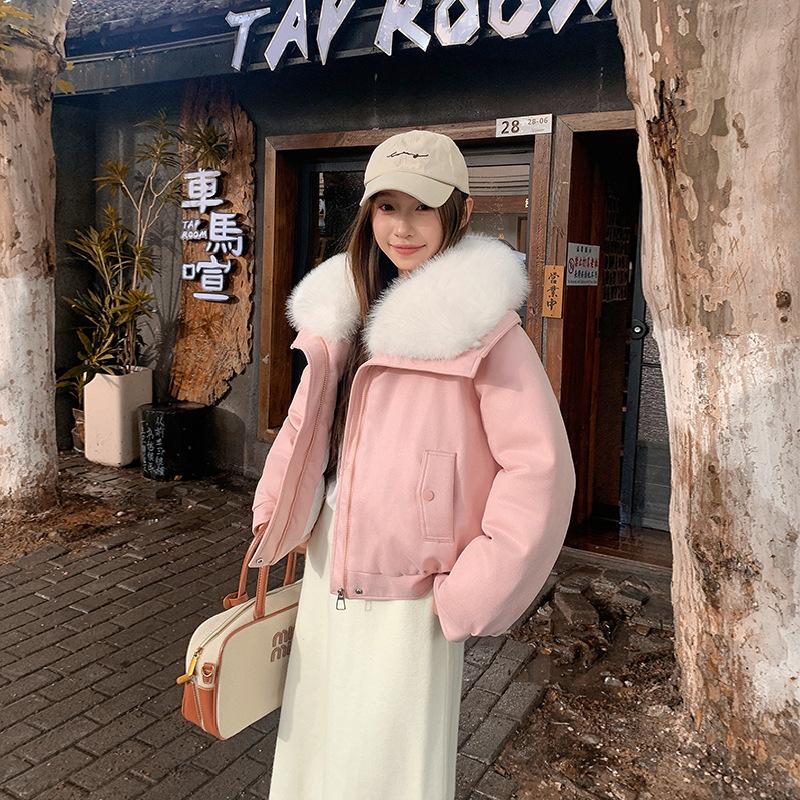 New deerskin velvet cotton-padded clothes women's short large fur collar lapel cotton-padded clothes women's clothing winter simple cotton-padded clo