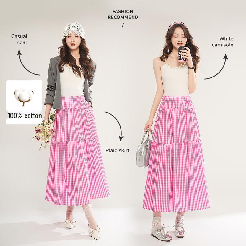Bailuyu Women s Cotton Plaid A-line Long Skirt L
