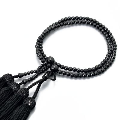 Women's Buddhist Prayer Beads, Double Strand, Kyoto Style, Black Onyx Two-Ring, Silk Tassel, Jodo Shinshu, Funeral, Buddhist Altar, Mourning, Wake,