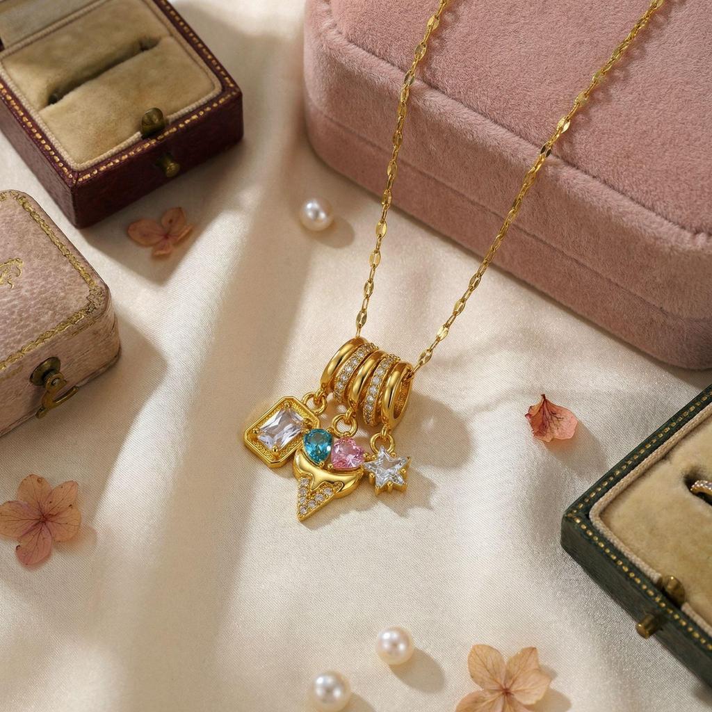18K Gold Heart & Star Pendant Necklace with Crystal Rhinestones - Elegant Women's Fashion Clavicle Chain
