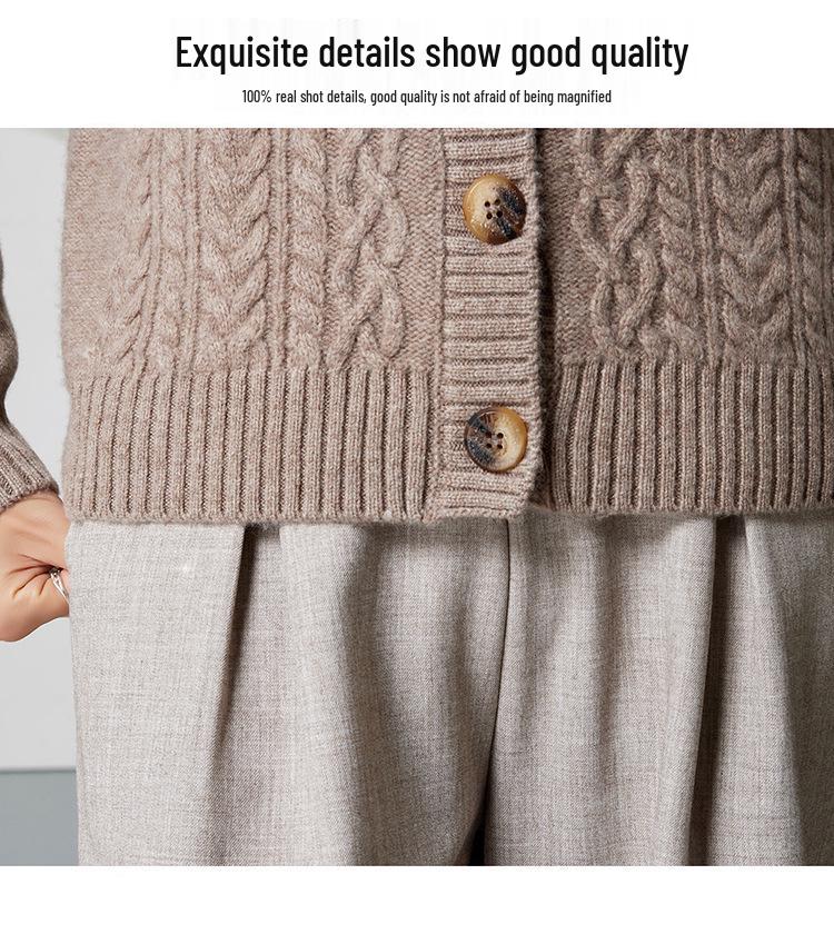 2025 Women's Pure Wool Cable Knit Cardigan - Autumn/Winter Korean Style, Round Neck, Solid Color