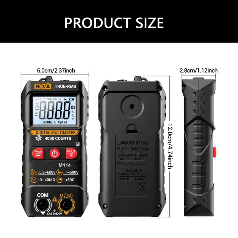 M114 4000 Counts Multimeter Digital Voltage Tester LCD Backlit Screen Multifunction NCV Resistance Testing Tool