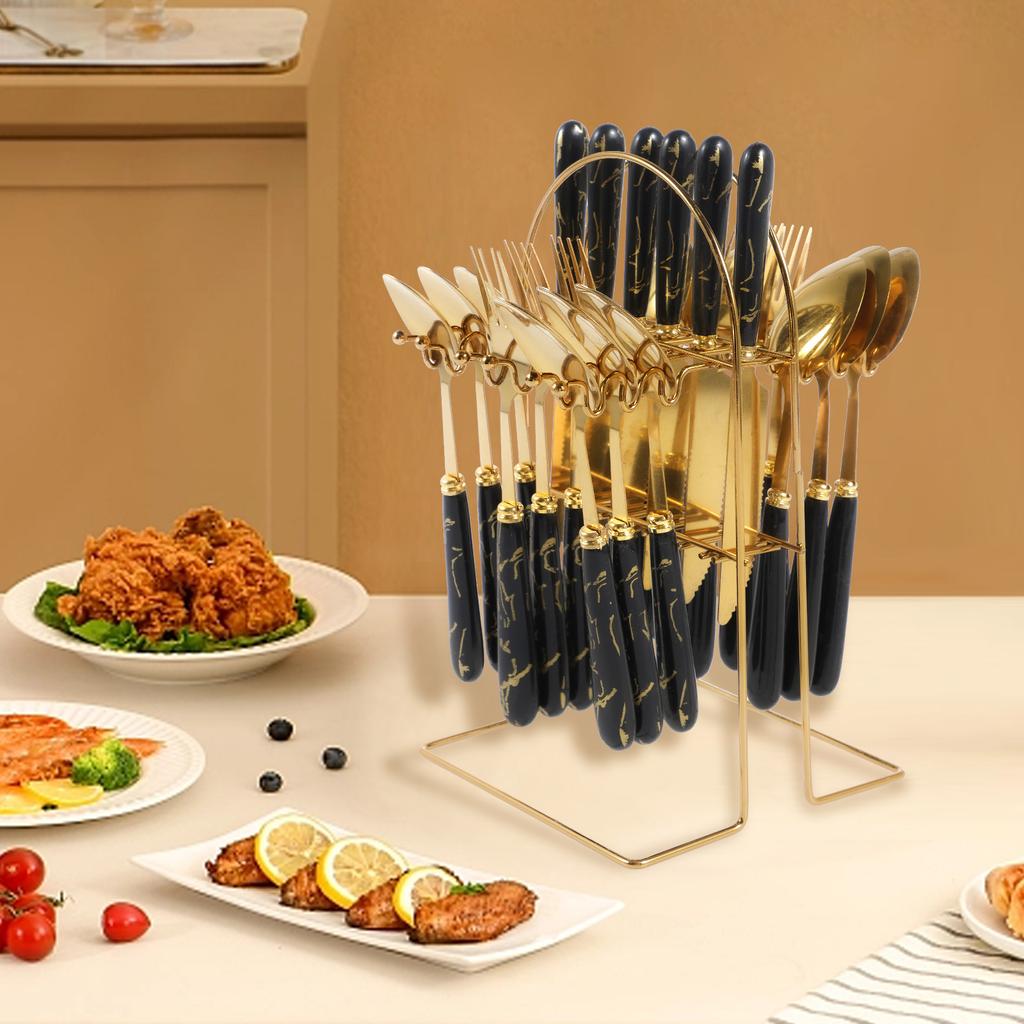 24Pcs Stainless Steel Silverware Set with Hanger Knife Fork Spoon Western Cutlery Set Mirror Polished Kitchen Supplies Home Gift